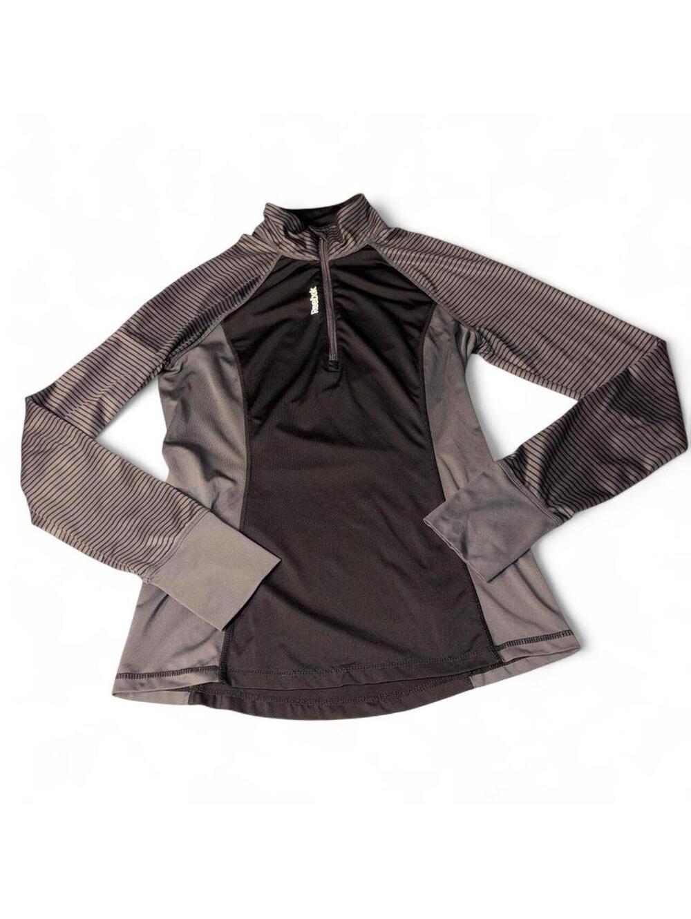 Reebok Black/Gray Striped 1/4 Zip Activewear Running Top with Thumbholes Size XS
